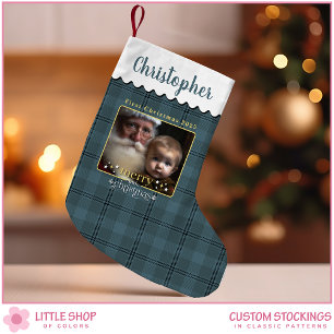 Classic Grey Plaid Photo Baby's First Christmas Small Christmas Stocking