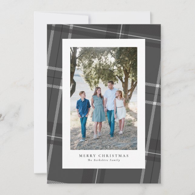 Classic grey plaid vertical photo holiday card (Front)