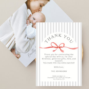 Classic Grey Stripes Red Ribbon Baby Shower Thank You Card
