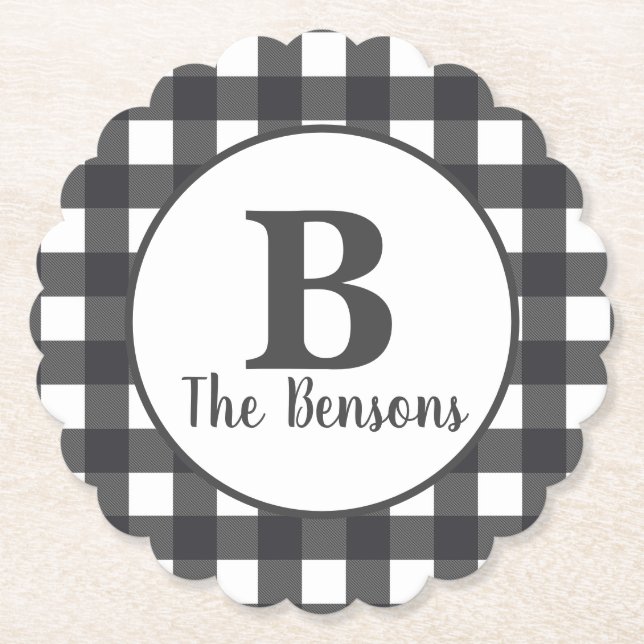 Classic Grey White Monogram Buffalo Plaid Paper Coaster (Front)