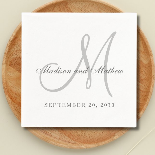 Classic Grey White Monogram Elegant Wedding Napkin (Creator Uploaded)