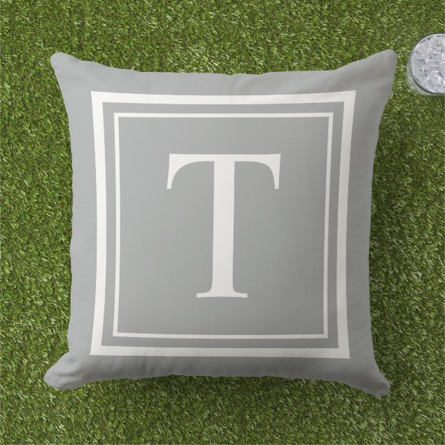 Classic Grey White Square Frame Monogram Cushion (Grass)