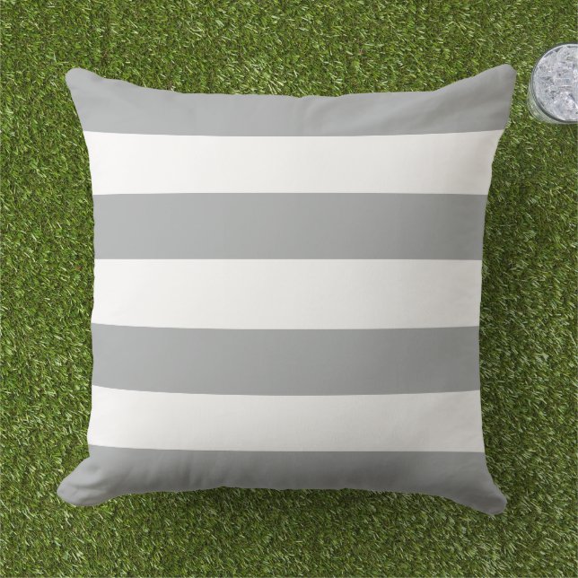 Classic Grey White Wide Horizontal Stripe Cushion (Grass)