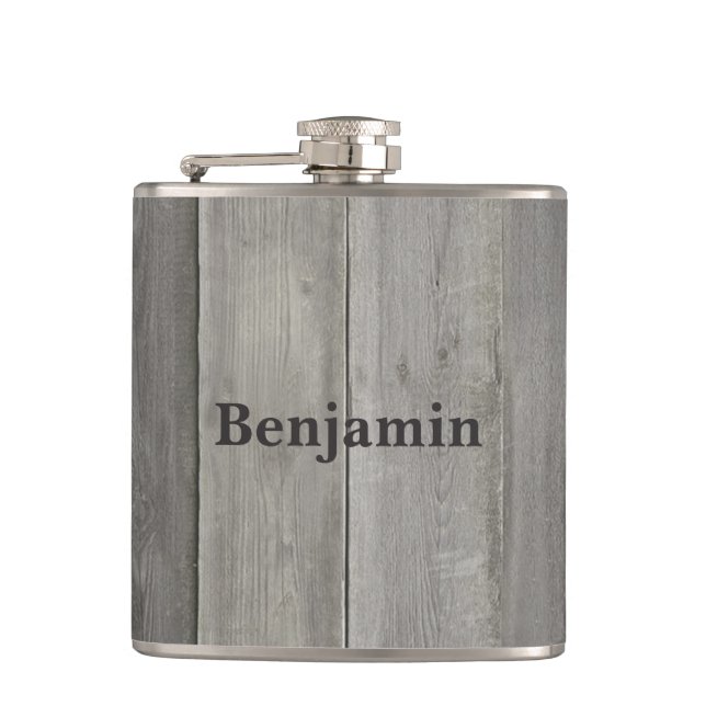 Classic Grey Wood Name Hip Flask (Front)