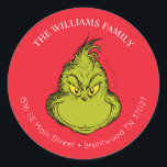 Classic Grinch | Christmas Address Classic Round Sticker<br><div class="desc">Add a Grinchy touch to your holiday mail with this "Classic Grinch Christmas" address round sticker. Featuring the mischievous Grinch from How the Grinch Stole Christmas, this sticker is perfect for sealing your holiday cards, gifts, or packages. Whether you’re sending out Christmas greetings or adding a festive flair to your...</div>
