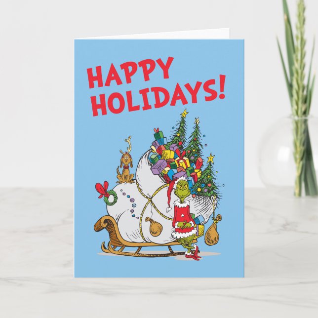 Classic Grinch | Grinch & Max with Sleigh Holiday Card (Front)
