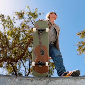 Classic Guitar Art Print on Olive Green Skateboard