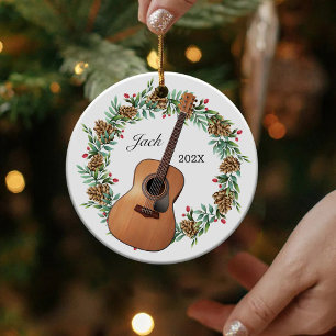 Classic Guitar Christmas Wreath Pine Cones Music Ceramic Ornament