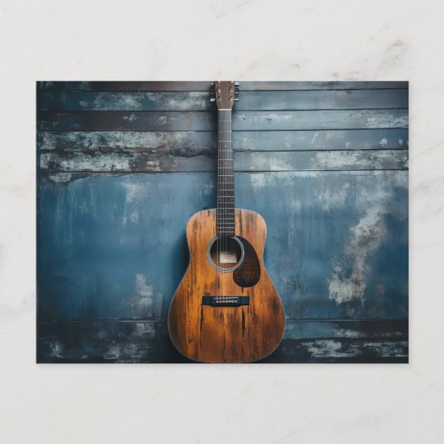 Classic guitar on blue rustic wood wall postcard (Front)