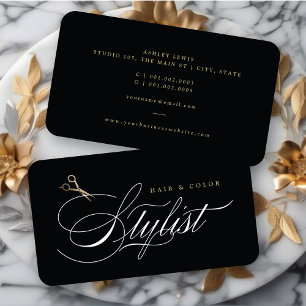 Classic Hair Stylist Calligraphy Gold Scissors Business Card