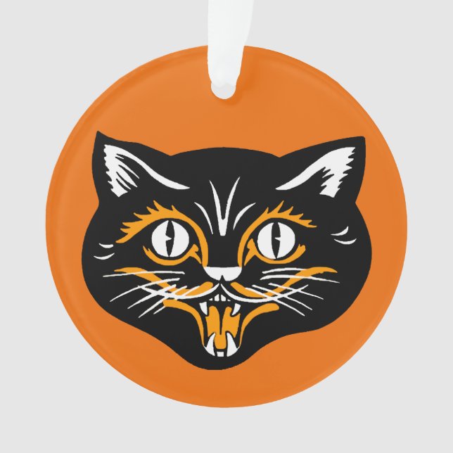 Classic Halloween Black Cat Face Fangs Orange Ornament (Front)