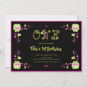 Classic Halloween Black & Pink Skull 1st Birthday Invitation