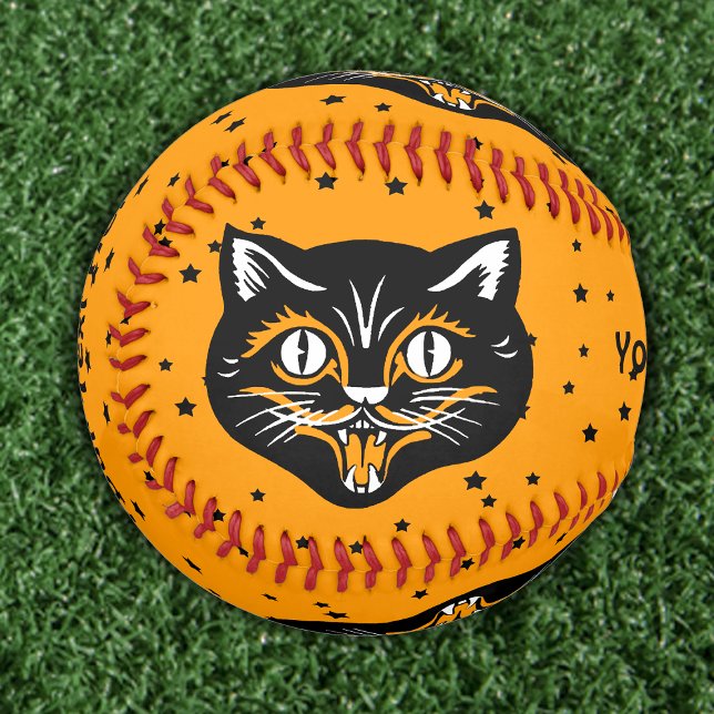 Classic Halloween Cat Face on Orange Black Stars Softball (Halloween black cat faces and black stars on orange softball that can be personalized.)