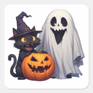 Classic Halloween Ghost Cat Pumpkin Trio 👻 Square Sticker