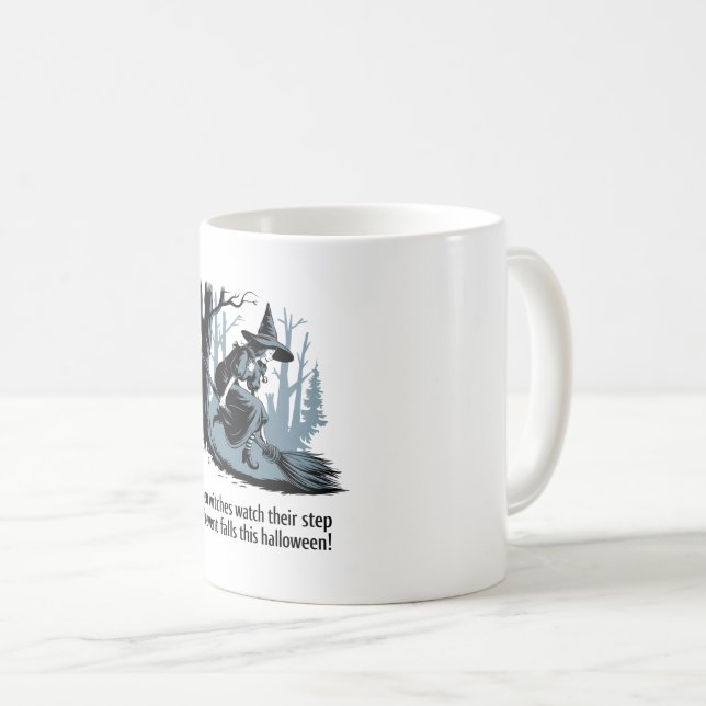 classic Halloween safety Design  featuring a witch Coffee Mug (Front Right)