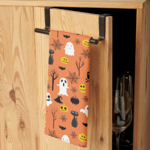 Classic Halloween symbols seamless pattern Tea Towel