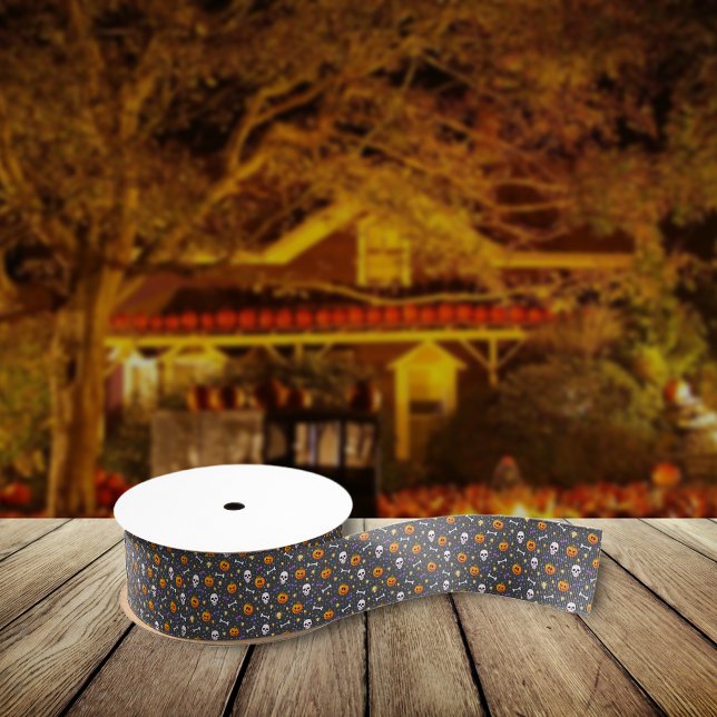 Classic Halloween Themed Pattern Dark Grey Grosgrain Ribbon (Creator Uploaded)