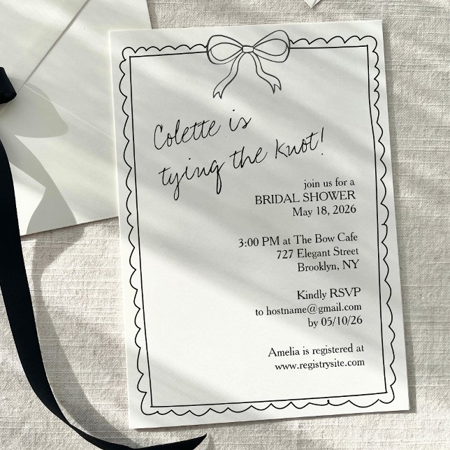 Classic Hand Drawn Bow Elegant Chic Bridal Shower Invitation (Minimalist elegance meets timeless charm in this chic black & white bow bridal shower invitation.)