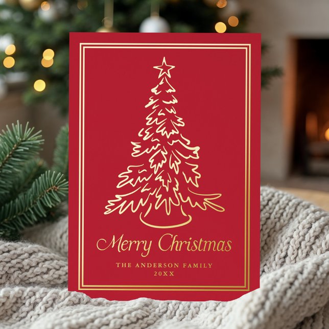 Classic Hand-Drawn Christmas Tree Red Non-Photo Foil Holiday Card (Creator Uploaded)