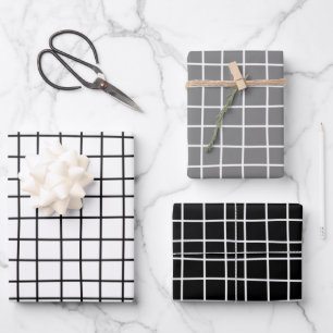 Classic Hand Drawn Grid Pattern White Grey Black  Wrapping Paper Sheet