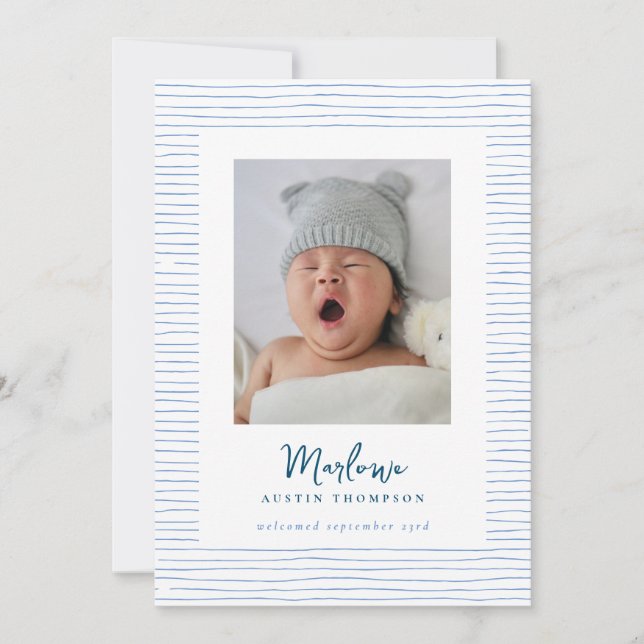 Classic Handdrawn Blue Striped Birth Announcement (Front)