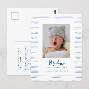Classic Handdrawn Blue Striped Birth Announcement Postcard