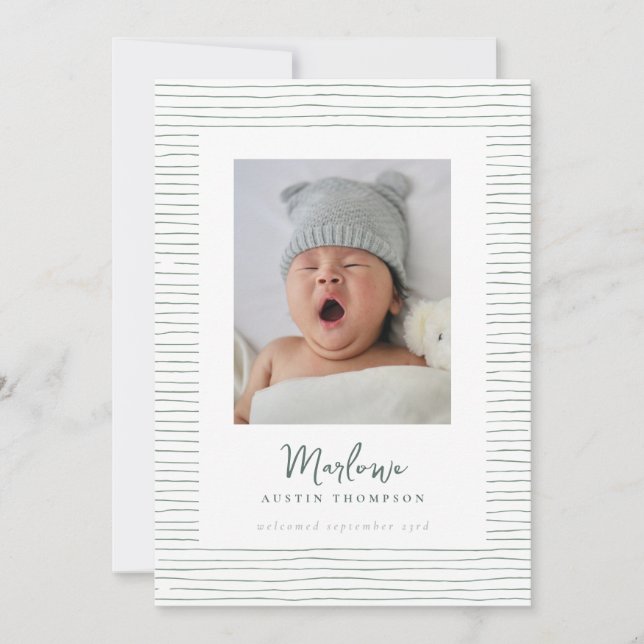 Classic Handdrawn Green Striped Birth Announcement (Front)