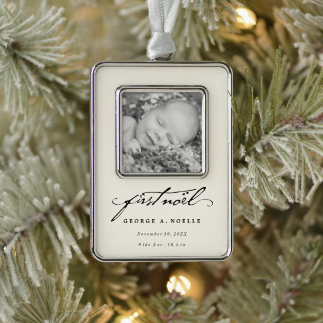 Classic Handwriting Script Baby's First Noel Photo Silver Plated Framed Ornament (Tree)