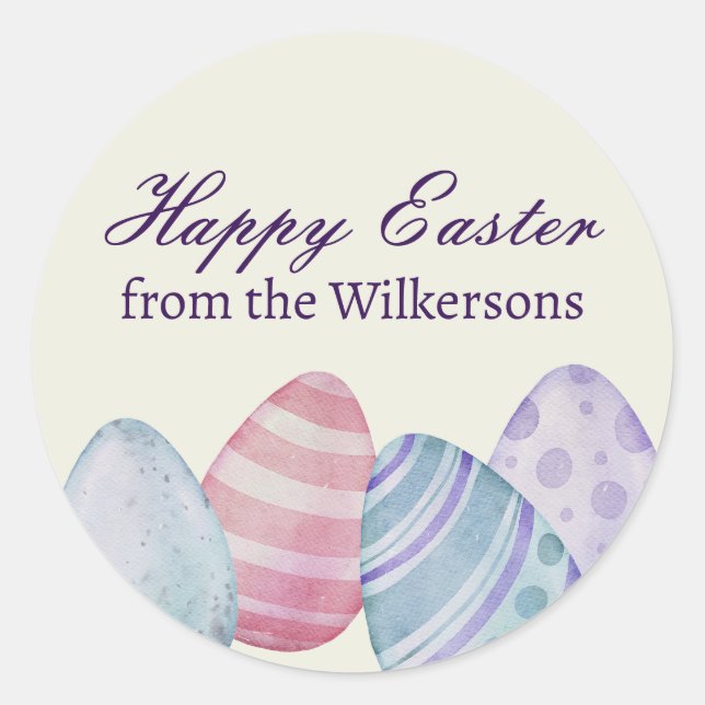Classic Happy Easter Eggs on Yellow Round Sticker (Front)