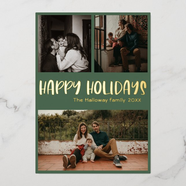 Classic Happy Holidays | Green Three Photo Gold Foil Holiday Card (Front)