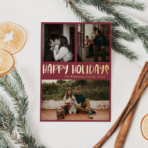 Classic Happy Holidays   Red Three Photo Gold Foil Holiday Postcard