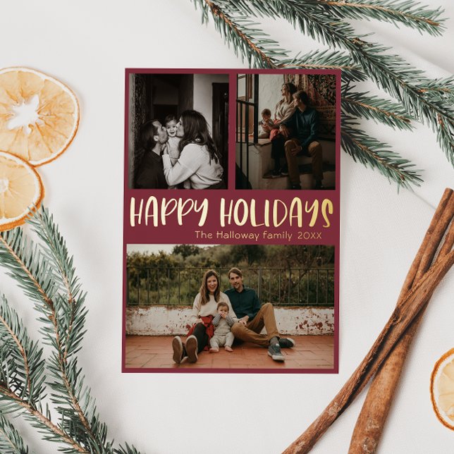 Classic Happy Holidays | Red Three Photo Gold Foil Holiday Postcard (Creator Uploaded)