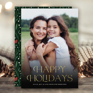 Classic Happy Holidays Text Floral Back   Photo Foil Holiday Card