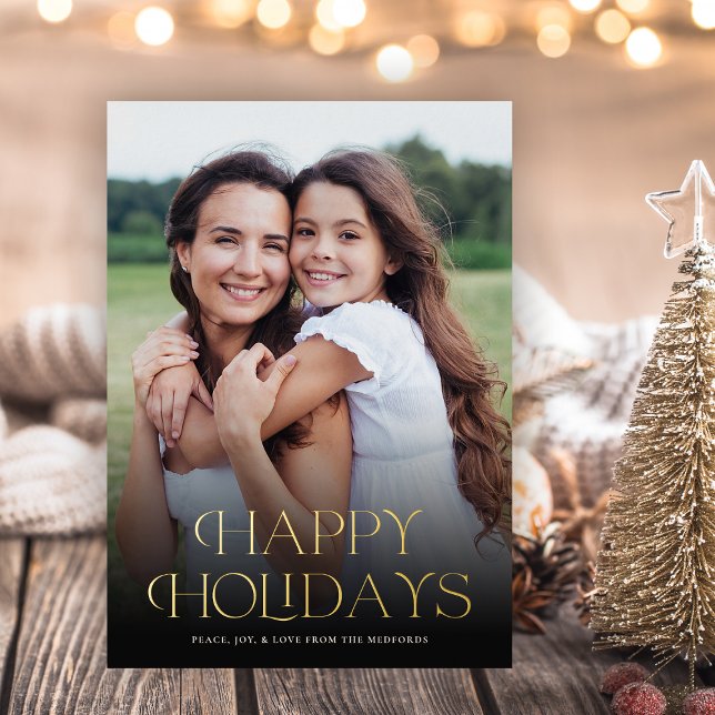 Classic Happy Holidays Text Floral Back | Photo Foil Holiday Card (Creator Uploaded)