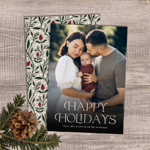 Classic Happy Holidays Text Floral Back   Photo Holiday Card