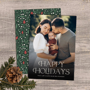 Classic Happy Holidays Text Floral Back   Photo Holiday Card