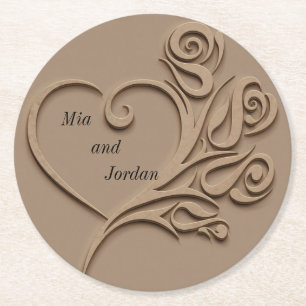 Classic Heart Taupe Personaliazed Wedding Round Paper Coaster