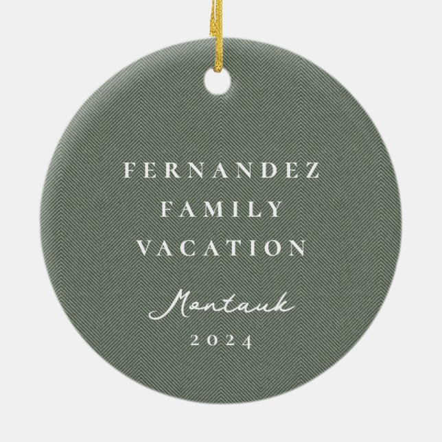 Classic herringbone simple sage green photo ceramic ornament (Back)