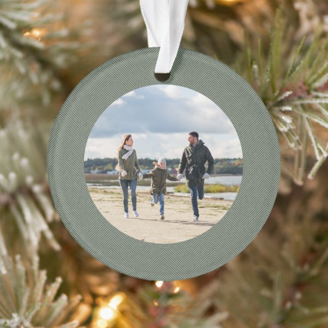 Classic herringbone simple sage green photo ornament (Tree)