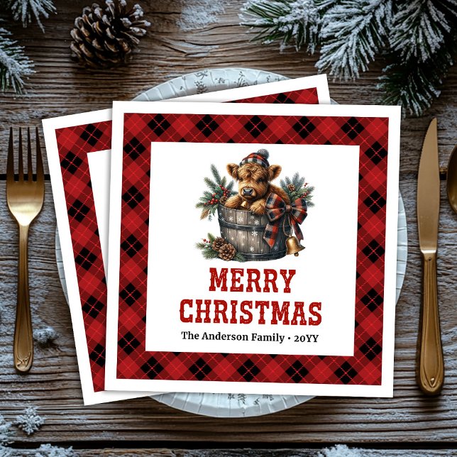 Classic highland cow red black tartan napkins (Classic highland cow red black tartan napkin)