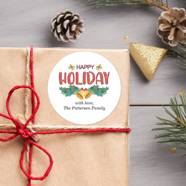 Classic Holiday Bells & Holly Family Name Sticker  (Custom Classic Holiday Bells & Holly Family Name Sticker)