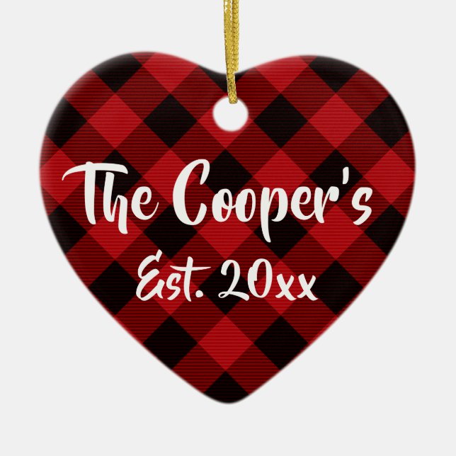 Classic Holiday Christmas design red buffalo plaid Ceramic Ornament (Front)