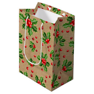 Classic Holiday Green Holly Red Berries Medium Gift Bag