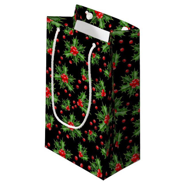 Classic Holiday Green Holly Red Berries Pattern Small Gift Bag (Front Angled)