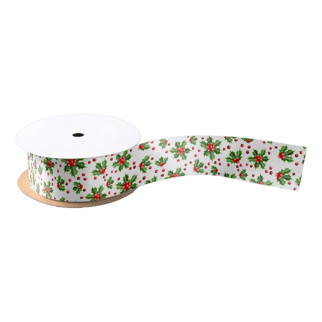 Classic Holiday Green Holly Red Berries Satin Ribbon (Spool)