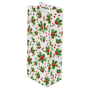 Classic Holiday Green Holly Red Berries Wine Gift Bag