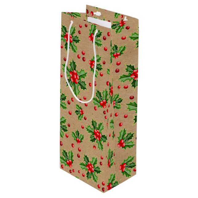 Classic Holiday Green Holly Red Berries Wine Gift Bag (Front Angled)