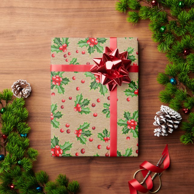 Classic Holiday Green Holly Red Berries Wrapping Paper (Holiday Gift)