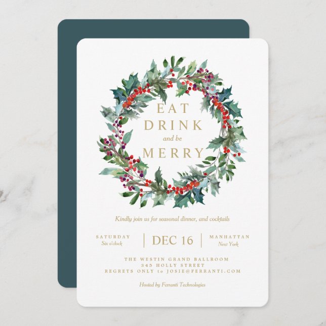 Classic Holiday Holly Berry Wreath Invitation (Front/Back)