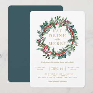 Classic Holiday Holly Berry Wreath Invitation